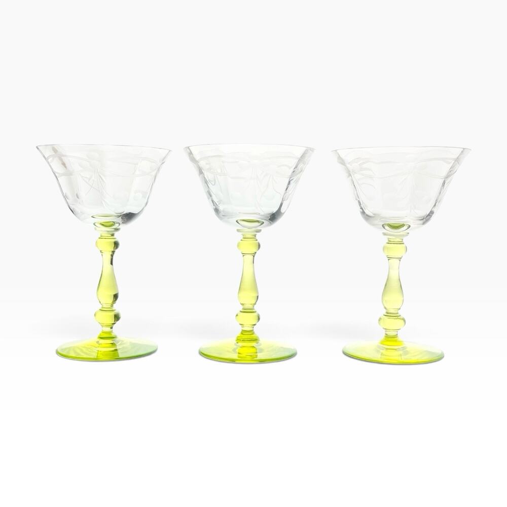 Set of 3 Vaseline-Uranium Etched Flowers Optic Coupe Champagne Glasses 5.5” 6oz”